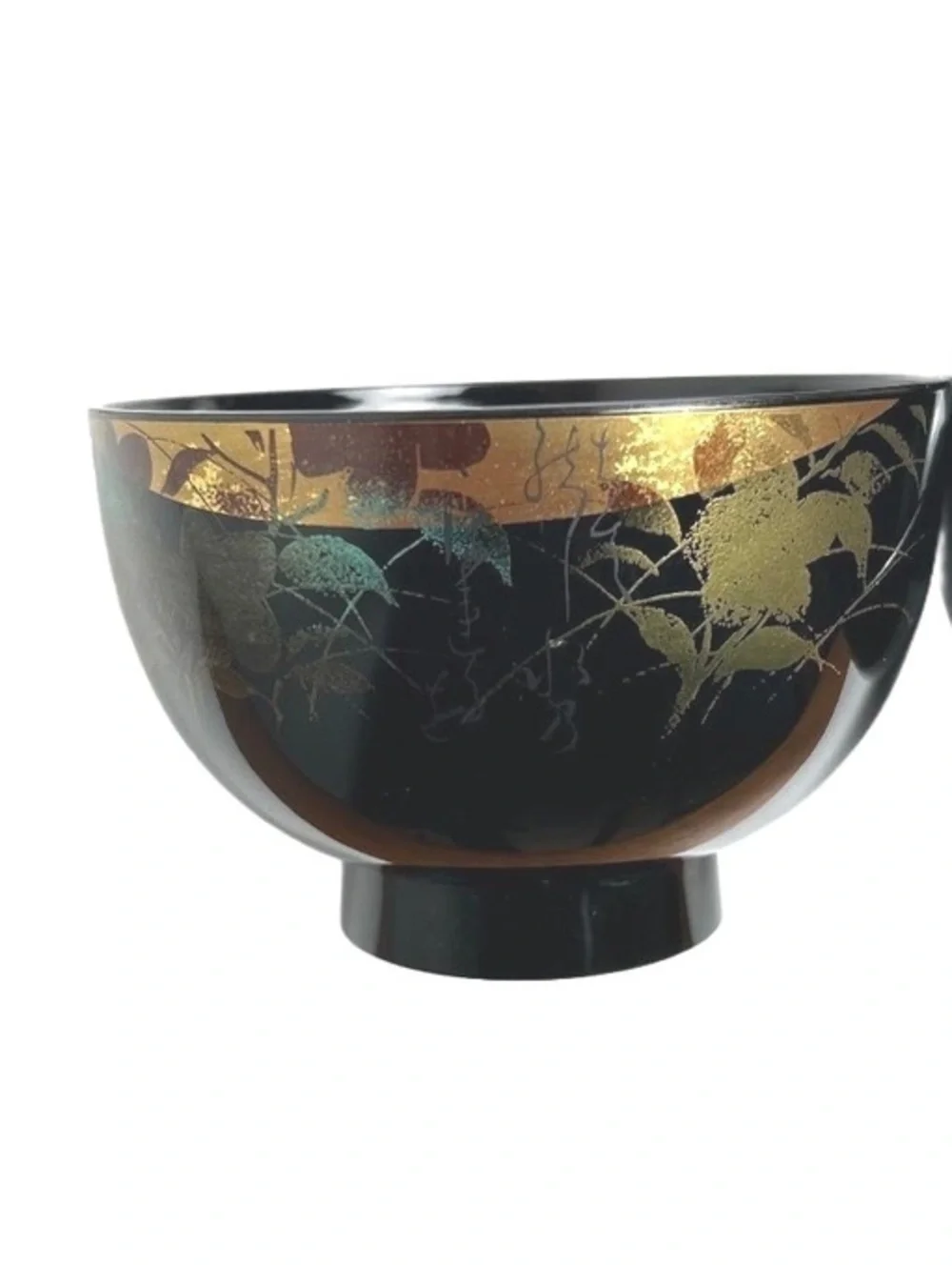 Set of 5 Vintage Black Lacquered Japanese Tea Bowls with Gold Leaf Design